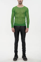 Green Elasticity High Neck Long Sleeve Mesh Men's Gothic T-Shirt